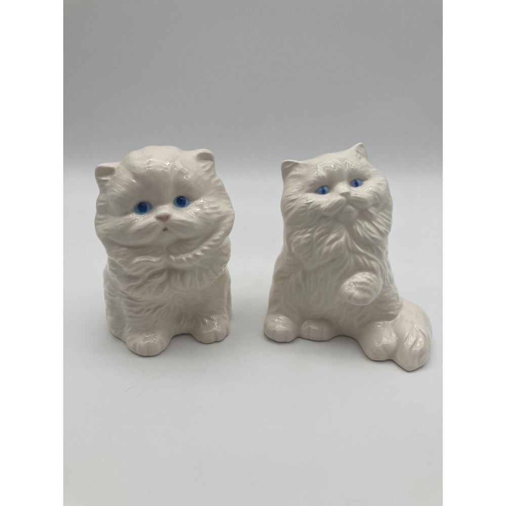 Vintage White Ceramic Persian Cat Figurines Blue Eyes Set of 2 Fluffy Kittens